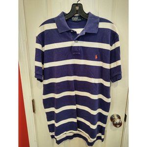 Polo Ralph Lauren Mens Shirt Medium Navy Blue White Stripe Orange Pony Golf